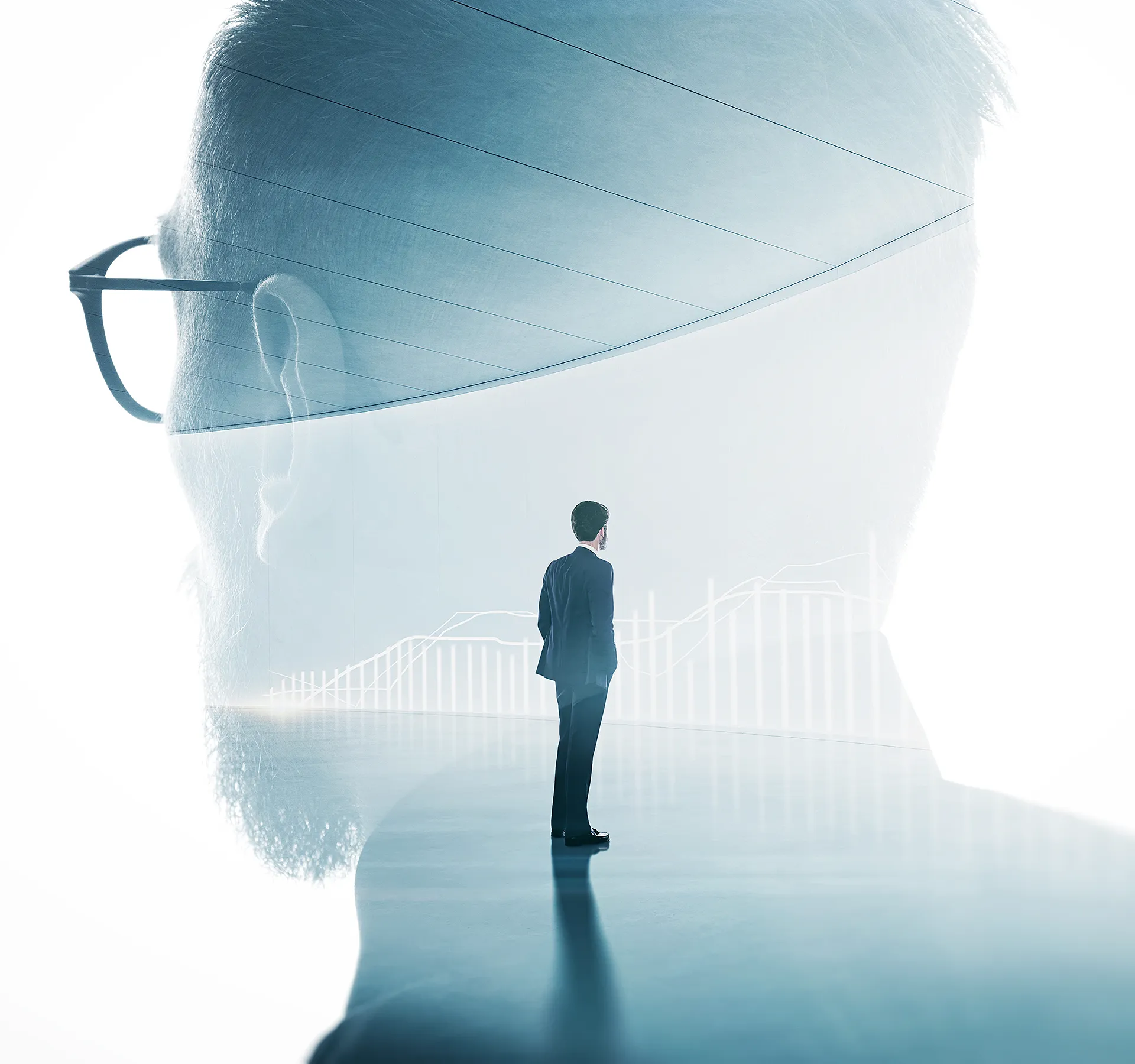 Modern bearded banker in the background with exposure of stylish adult businessman in a suit on a diagram background.