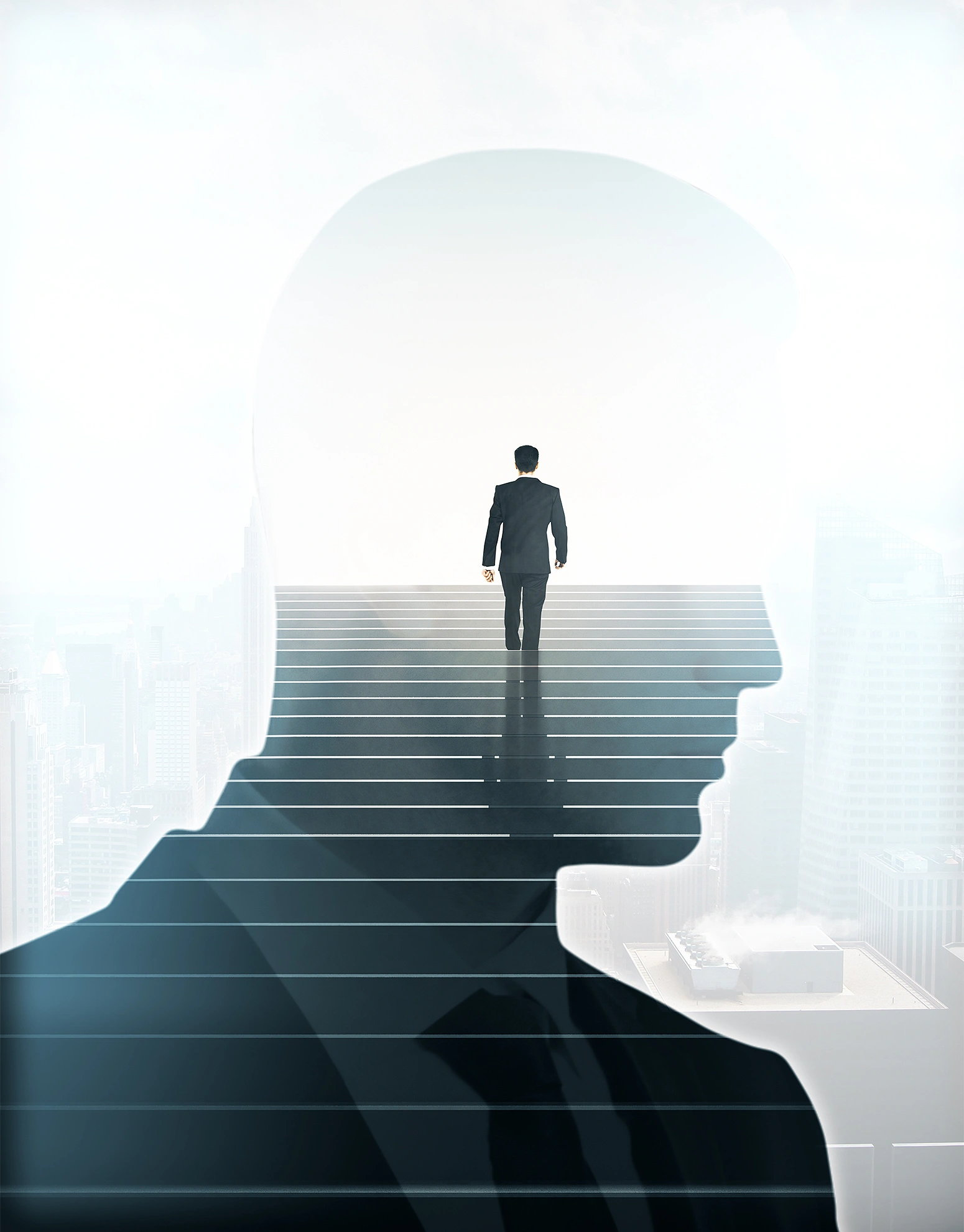 Success concept multiexposure of businessman walking up stairs