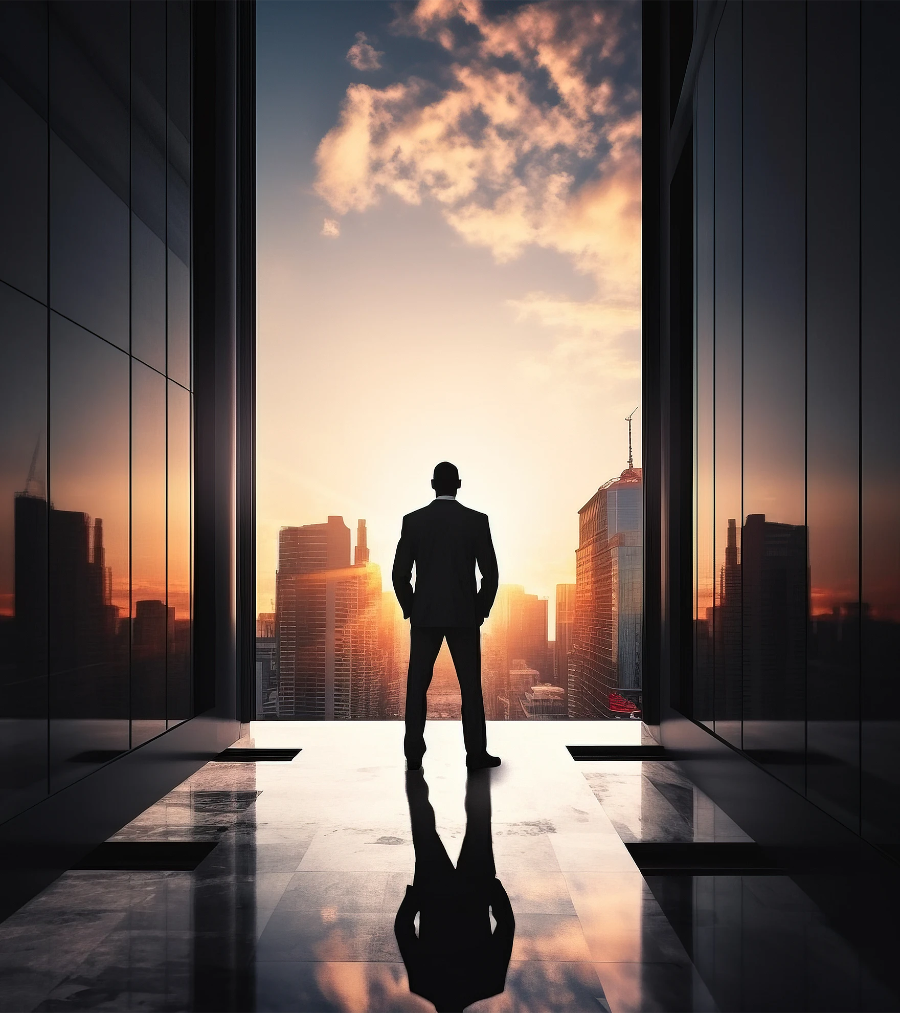 Silhouette of business man on top of building in New York City at sunset