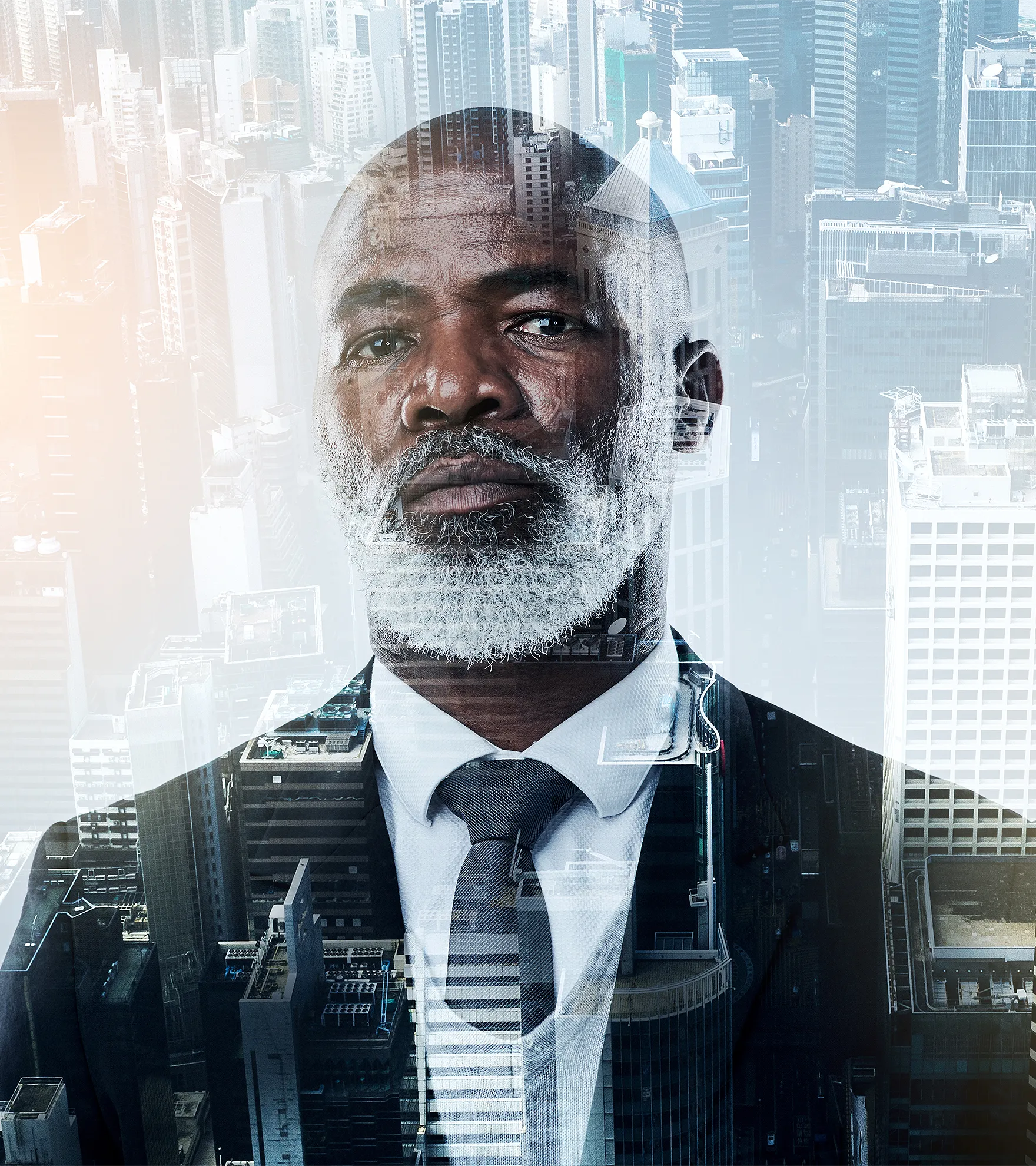 Businessman on modern city background