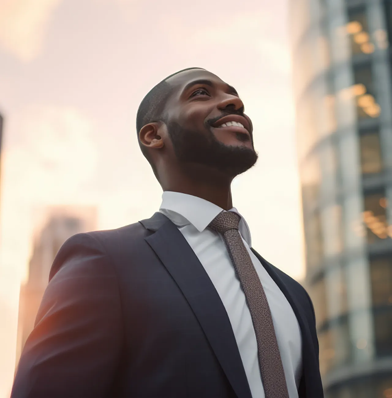 Smiling businessman looking up in the middle of the city